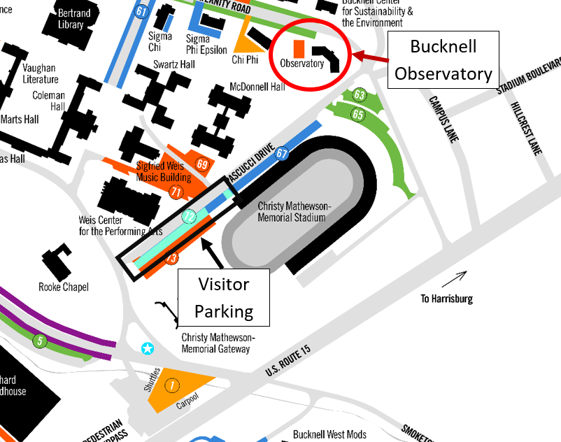 Campus map: The visitor parking is lot #72 on Pascucci Drive, next to the Christy Mathewson Memorial Stadium.  After parking in lot 72, walk up the hill past the stadium and the observatory is on the opposite side of the road, at the intersection with Fraternity Road.